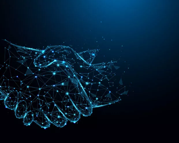 Business handshake lines and triangles, point connecting network on blue background. Illustration vector
